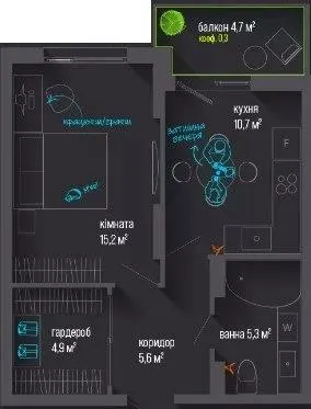 1-кімнатна квартира, 43 м², вул. Національної гвардії, Івано-Франківськ